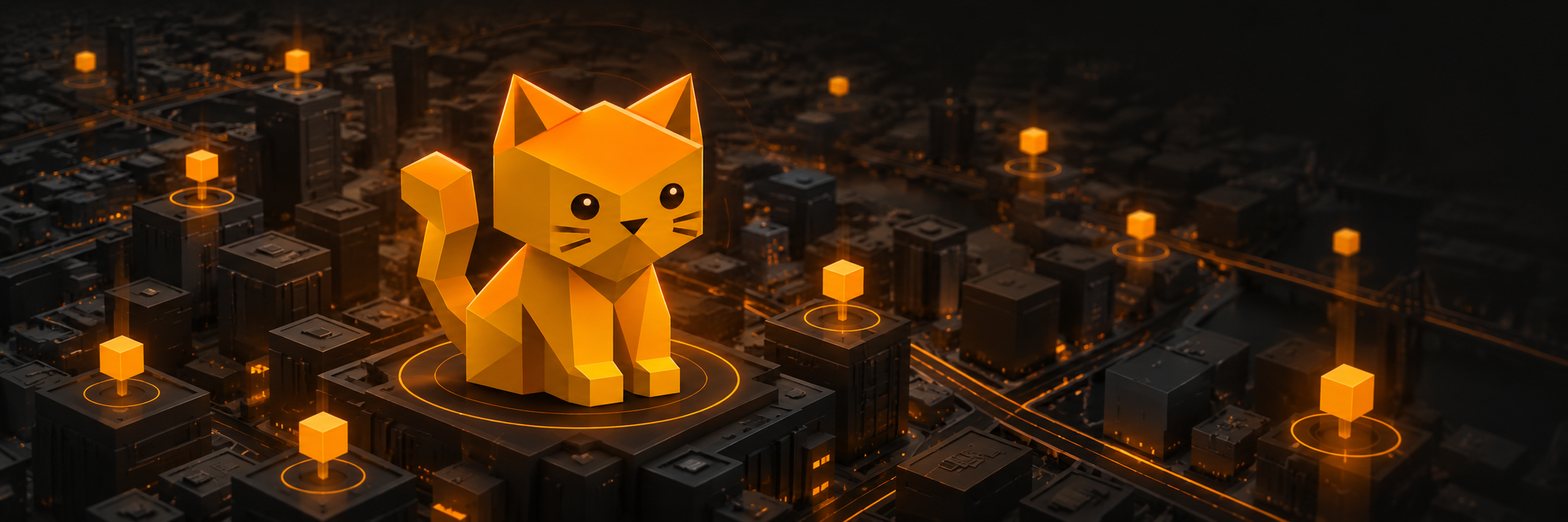 Collect Cat seated on a glowing platform above a dark city of amber crates